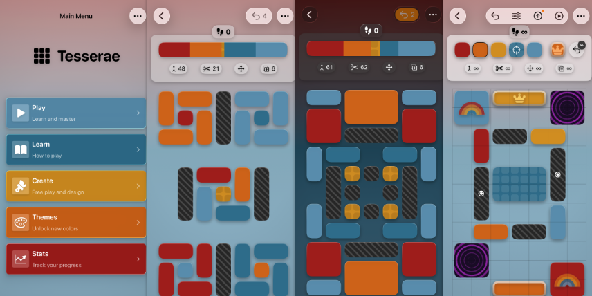 Tesserae: four iPhone screens of the 11x7 colored mosaic mid-puzzle, tiled in a row, SeaBear palette in play.